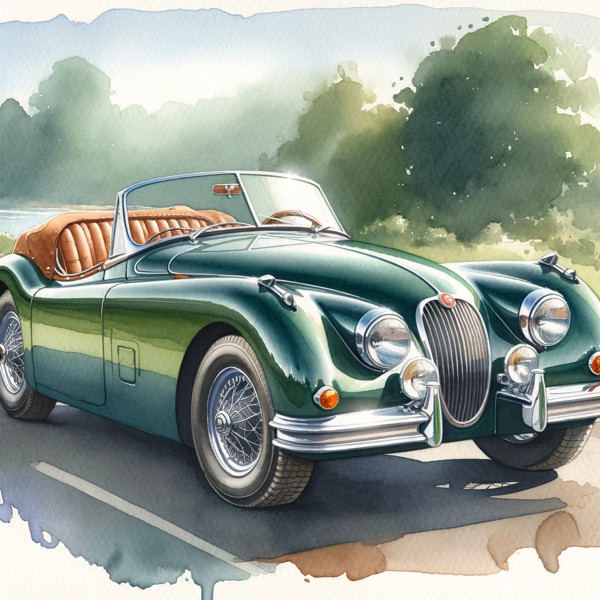 DALL E 2023 10 30 10 03 08  Watercolor painting of a 1958 Jaguar XK150 Drophead Coupe parked on a scenic road The car is refinished in a shade reminiscent of the Jaguar Brooklan