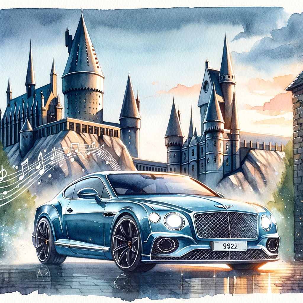 DALL·E-2023-10-25-20.15.12-Watercolor-painting-of-a-modern-Bentley-Azure-parked-outside-Hogwarts.-The-castles-towers-loom-in-the-background-and-the-cars-powerful-presence-is-