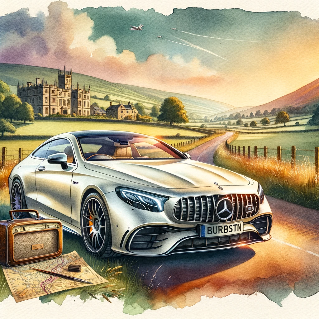DALL·E-2023-10-25-20.26.13-Watercolor-painting-of-the-Mercedes-AMG-S65-Coupe-on-a-picturesque-countryside-road-flanked-by-verdant-meadows-and-rolling-hills.-The-Avery-Dennison-