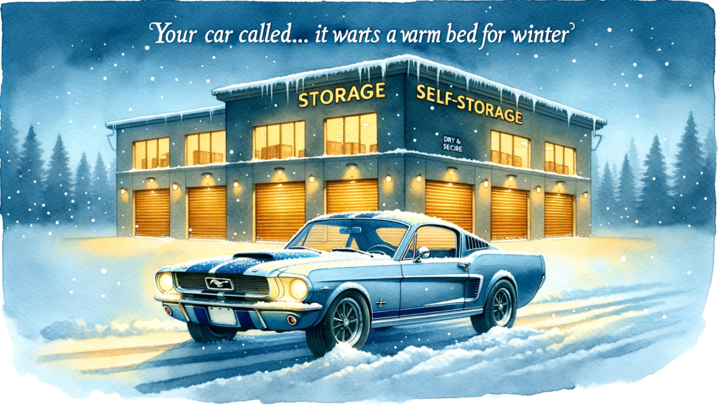 DALL·E 2023-10-28 13.33.38 - Watercolor painting of a snowy scene featuring a classic car, such as a 1960s Mustang or similar, covered in a thin layer of snow. Behind the classic