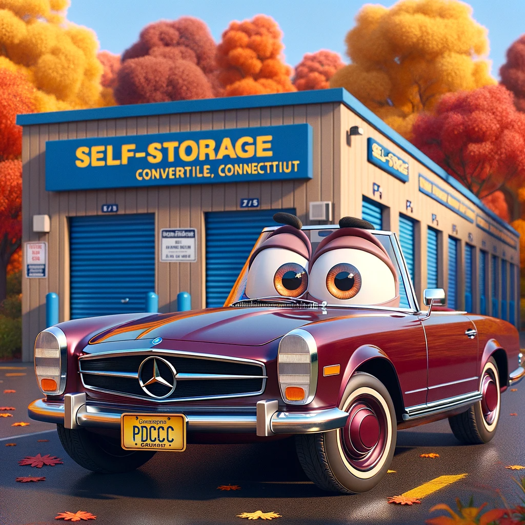 DALL·E 2023-10-29 18.03.43 - Digital art illustration of a self-storage facility in Connecticut during a bright Fall day. An animated early 70s burgundy Mercedes convertible chara