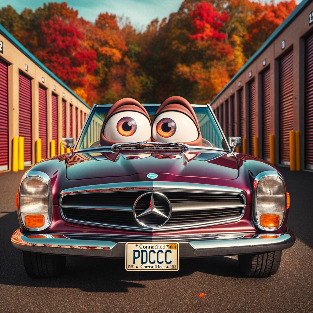 DALL·E 2023-10-29 18.55.33 - Photo of an early 70s burgundy Mercedes convertible with a distinctly animated Pixar look. The car has large, expressive eyes on its windshield and a