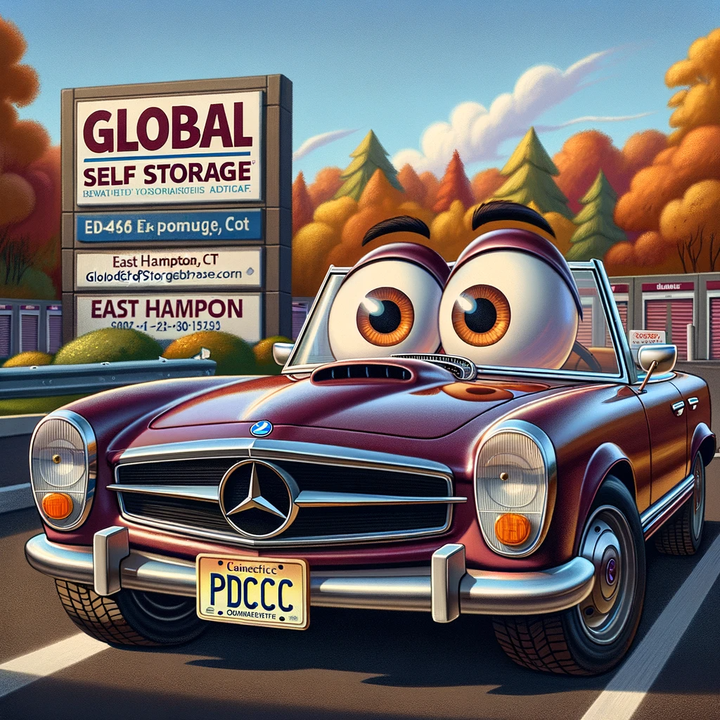 DALL·E 2023-10-29 18.55.35 - Illustration in the style of Pixar animation featuring an early 70s burgundy Mercedes convertible with anthropomorphic features. The car looks puzzled