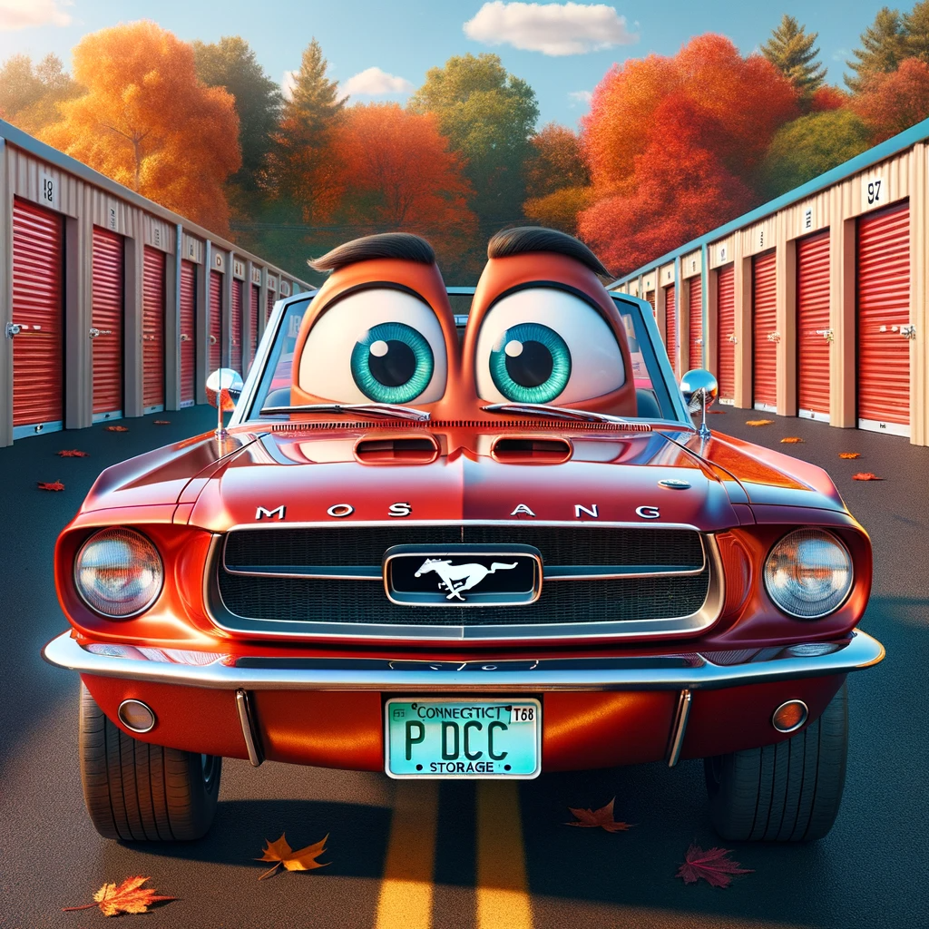 DALL·E 2023-10-29 19.01.30 - Digital art in the style of Pixar. In the center, a mid 1967 red mustang convertible with animated eyes and a friendly expression, embodying a charact