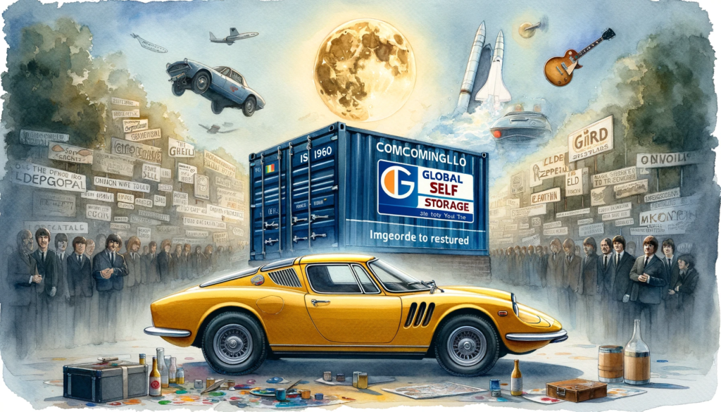 The first painting vividly captures the 1969 Iso Grifo in its striking 'Giallo' yellow, set against a backdrop that encapsulates the essence of 1969. The scene subtly includes references to cultural icons like the Beatles, the moon landing, and Led Zeppelin, framing the Iso Grifo's restoration as a magical journey back in time. In the background, a whimsical nod to Global Self Storage is creatively integrated, complementing the car's elegance and the era's style.